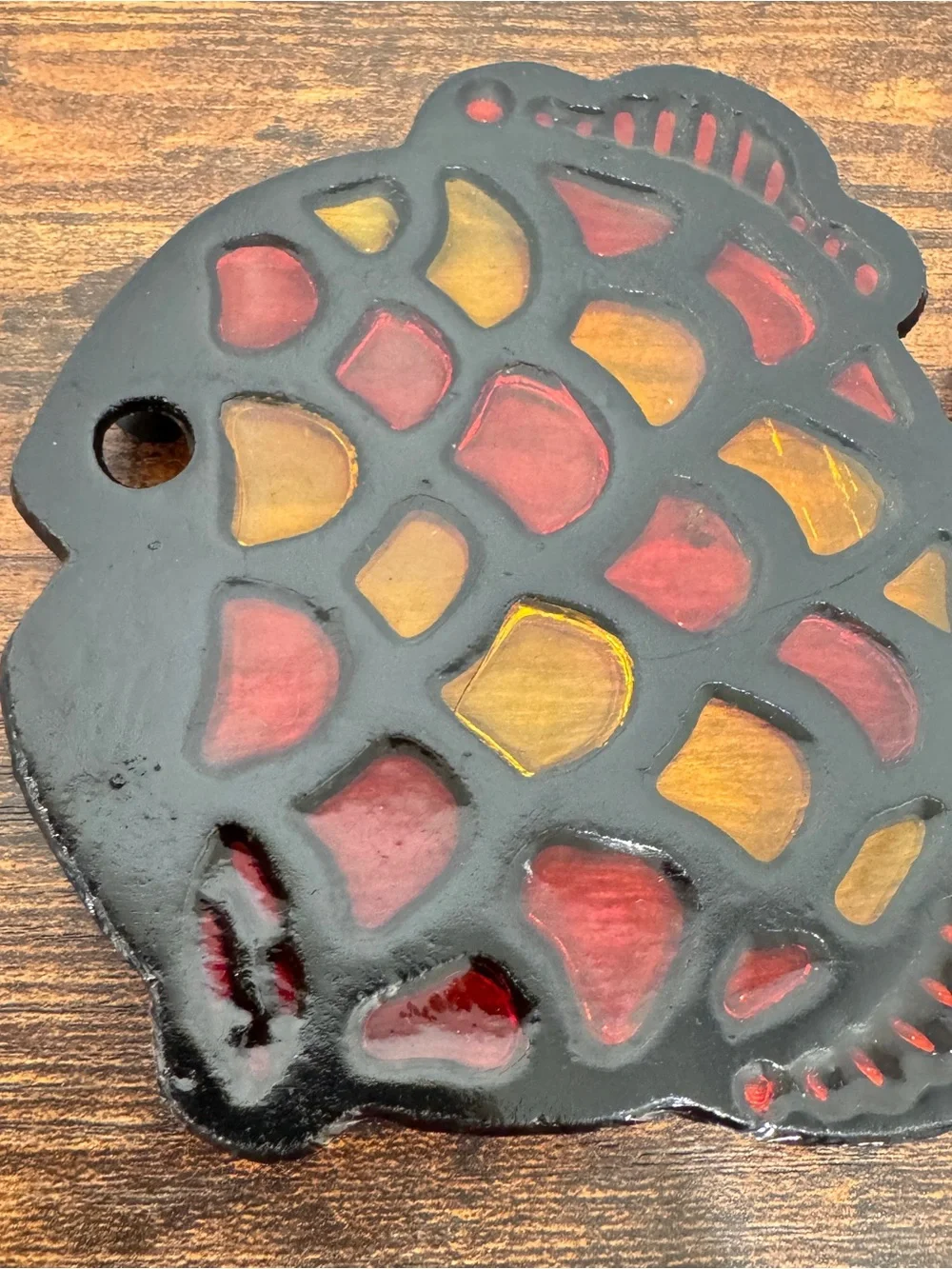 Vintage Metal Fish Shaped Trivet Hot Plate Hanging Stained Glass Red Yellow
